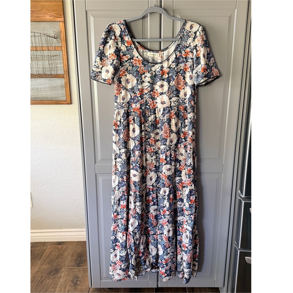 Natural Life Womens Boho Floral Tiered Maxi Dress, Navy Orange, S